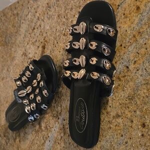 Browns Couture Black Leather and Gold Tone Sea Shell Slide Sandals
